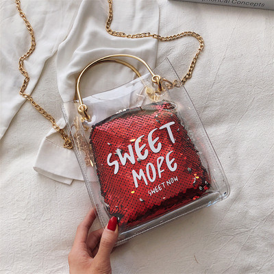 Μοντέρνα γυναικείο τσάντα  με διαφανές κάλυμμα και πούλιες σε πέντε χρώματα