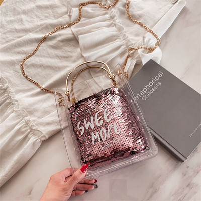 Μοντέρνα γυναικείο τσάντα  με διαφανές κάλυμμα και πούλιες σε πέντε χρώματα