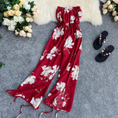 Salopetă lungă de damă cu motiv floral în negru și roșu