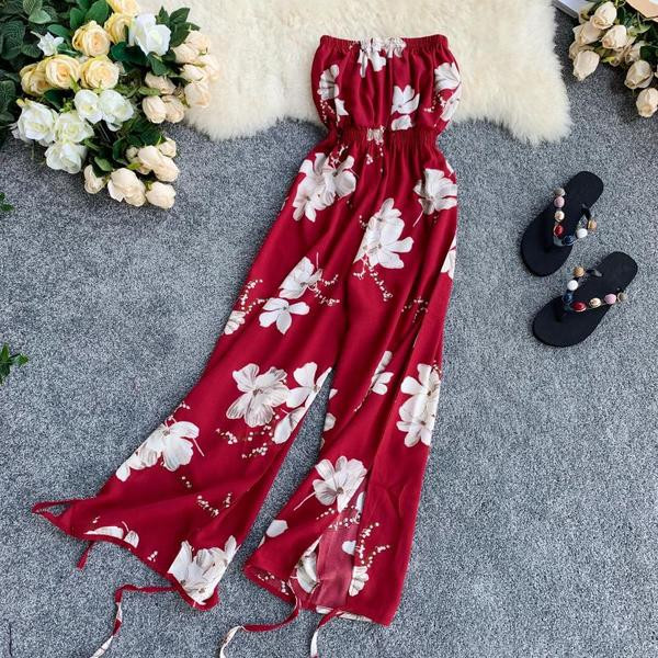 Salopetă lungă de damă cu motiv floral în negru și roșu