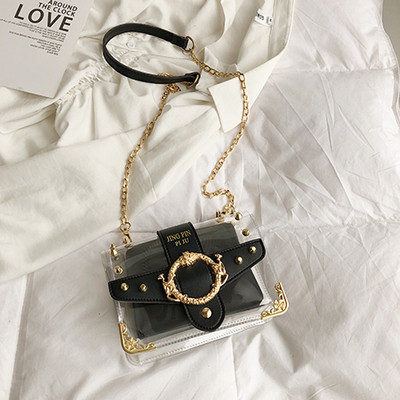 Stílusos női táska négy színben 3D fém elemekkel és hosszú fémlánccal