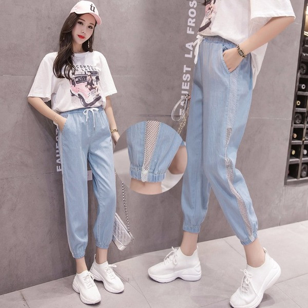 Blugi moderni de dama cu talie inalta si sireturi in albastru