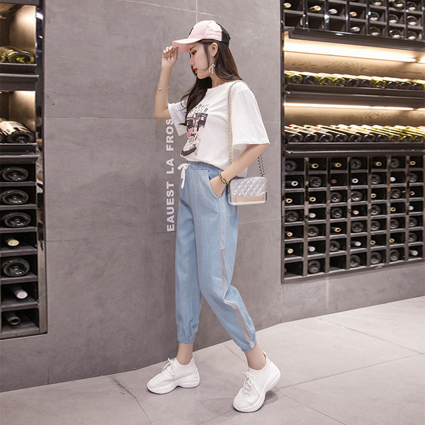 Blugi moderni de dama cu talie inalta si sireturi in albastru