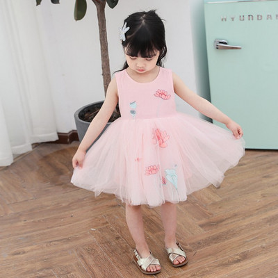 Стилна детска рокля в три цвята с тюл и панделка