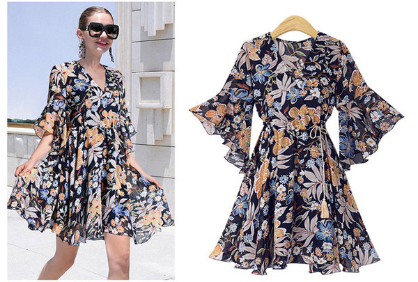 Női modern ruha aszimmetrikus modell virágmintás két színben