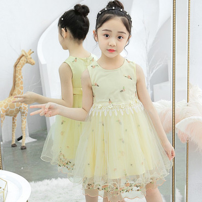 Детска стилна рокля в два цвята с О-образно деколте и бродерия 