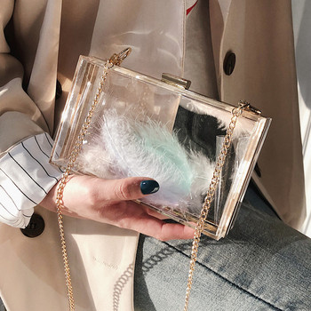 Модерна прозрачна дамска чанта в правоъгълна форма с дълга метална верижка