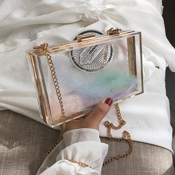 Geanta de dama moderna transparenta in forma dreptunghiulara cu un lant lung metalic
