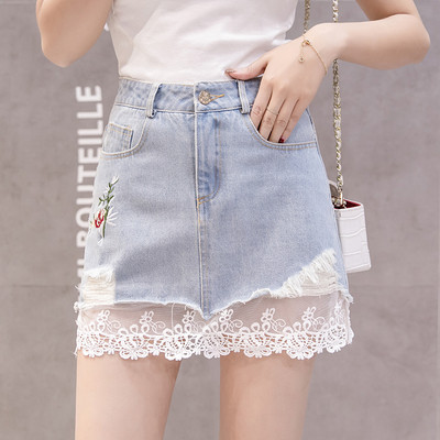 Μοντέρνα γυναικεία τζιν φούστα με κέντημα και δαντέλα