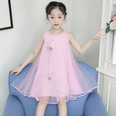 Детска рокля в бял и розов цвят с О-образно деколте 