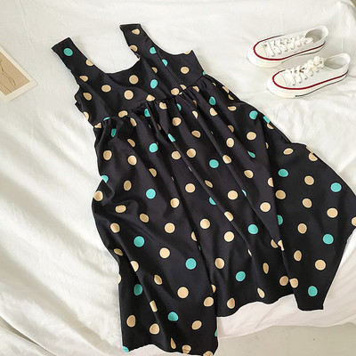 Alkalmi női ruha fekete színben pöttyökkel, vastag pántokkal