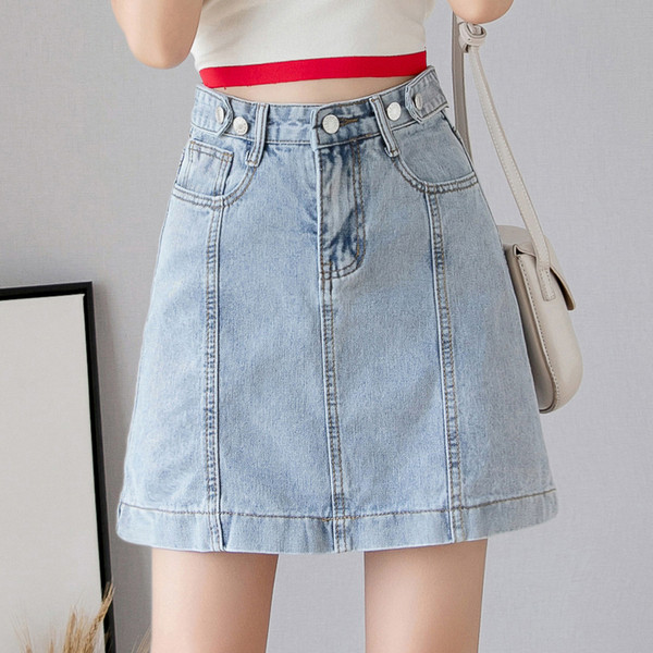 Női modern rövid farmerszoknya, magas derékkal