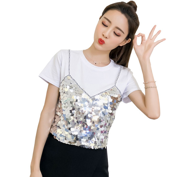 Aktuális női blúz rövid ujjal, fehér flitterekkel