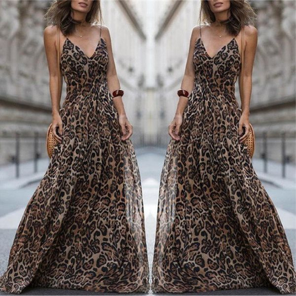 Μακρύ γυναικείο φόρεμα  με λεπτές λουρίδες και λεοπάρδαληπριντ