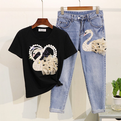 ÚJ Modern női farmer és póló szett 3D elemmel