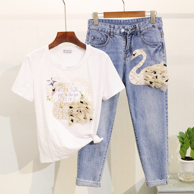 ÚJ Modern női farmer és póló szett 3D elemmel