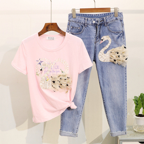 ÚJ Modern női farmer és póló szett 3D elemmel