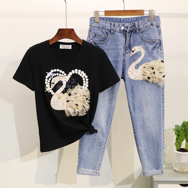 ÚJ Modern női farmer és póló szett 3D elemmel