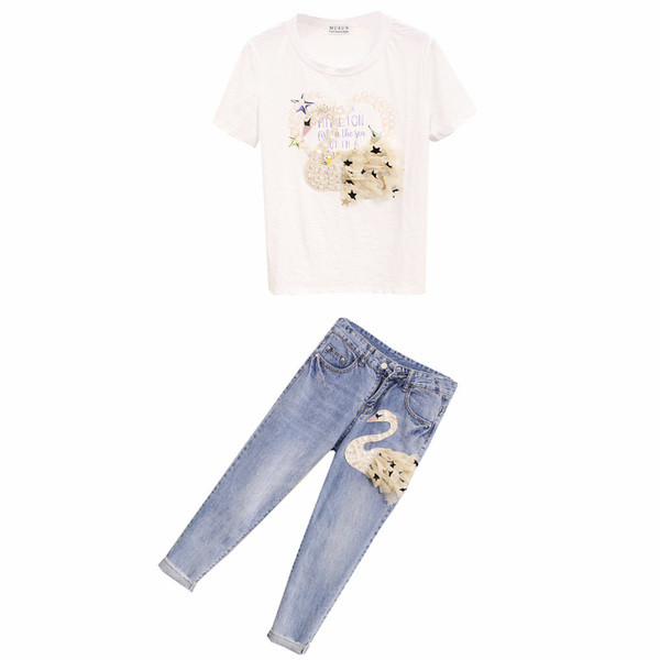 ÚJ Modern női farmer és póló szett 3D elemmel