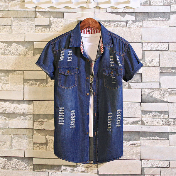 Cămașă bărbătească din denim în două culori cu mâneci scurte și buzunare