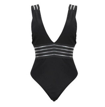 Μοντέρνο full swimsuit με V-neck και διαφανή στοιχεία σε μαύρο χρώμα