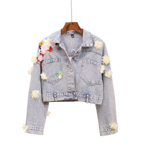 Ново дамско дънково яке с 3D-елемент в светъл цвят 