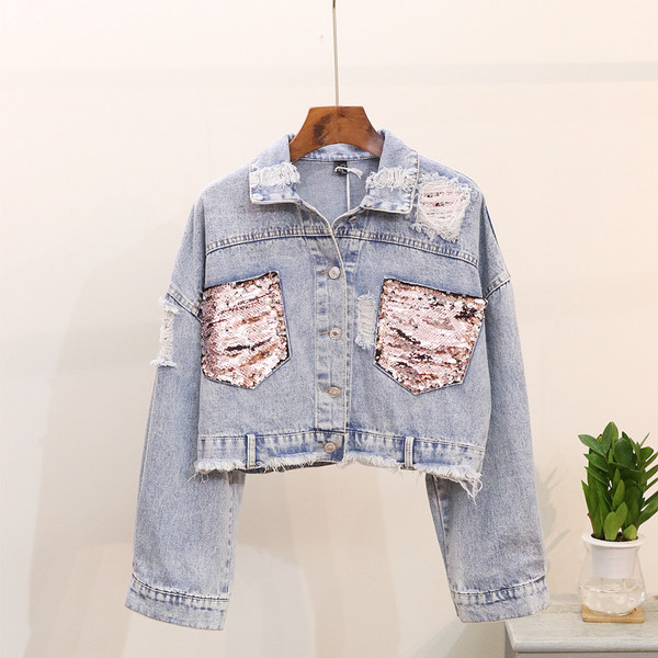 ХИТ Модерно дамско дънково яке с разкъсани мотиви и пайети 