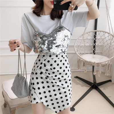 Modern női póló szett flitterekkel és szoknyával, két színben