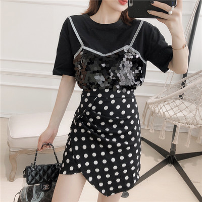 Modern női póló szett flitterekkel és szoknyával, két színben