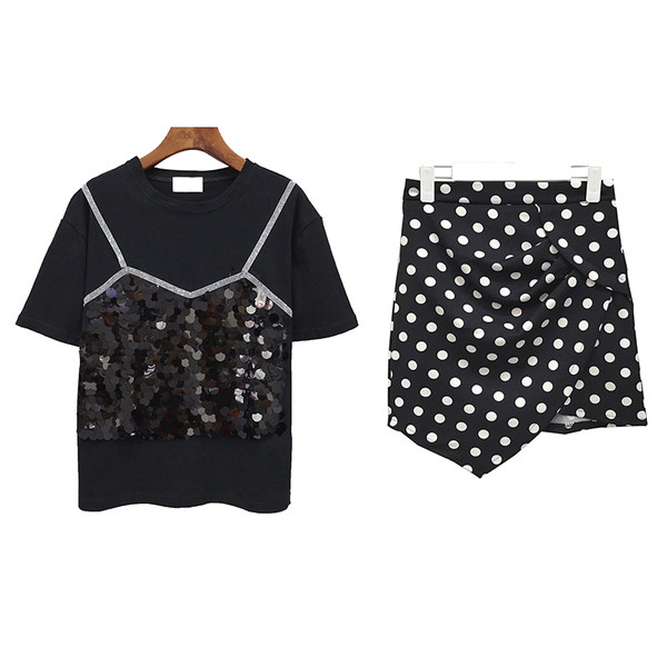 Modern női póló szett flitterekkel és szoknyával, két színben