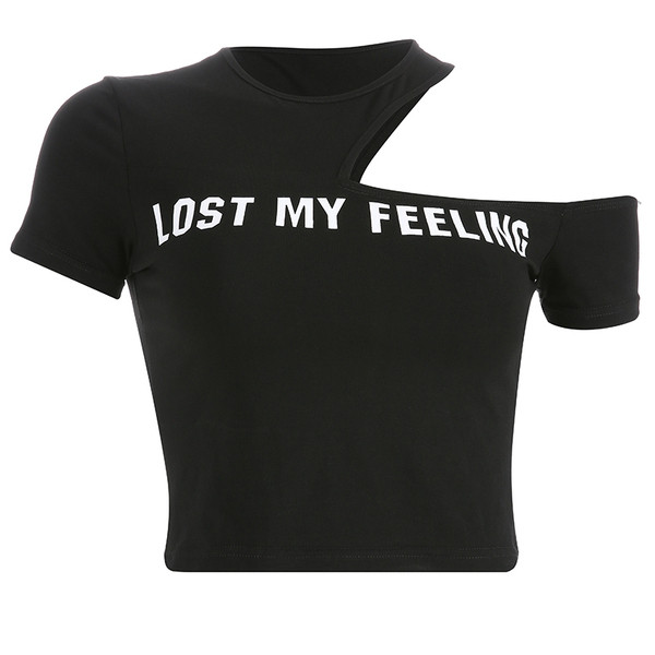 Rövid női póló fekete felirattal