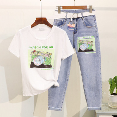 Alkalmi női szett - farmer és póló színes rátéttel