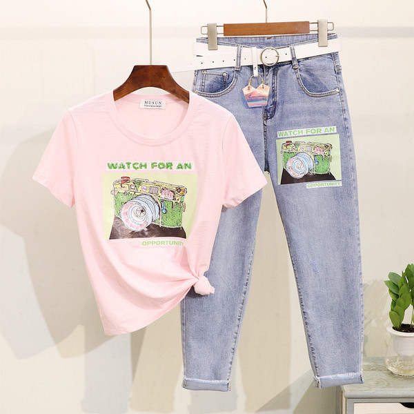 Alkalmi női szett - farmer és póló színes rátéttel