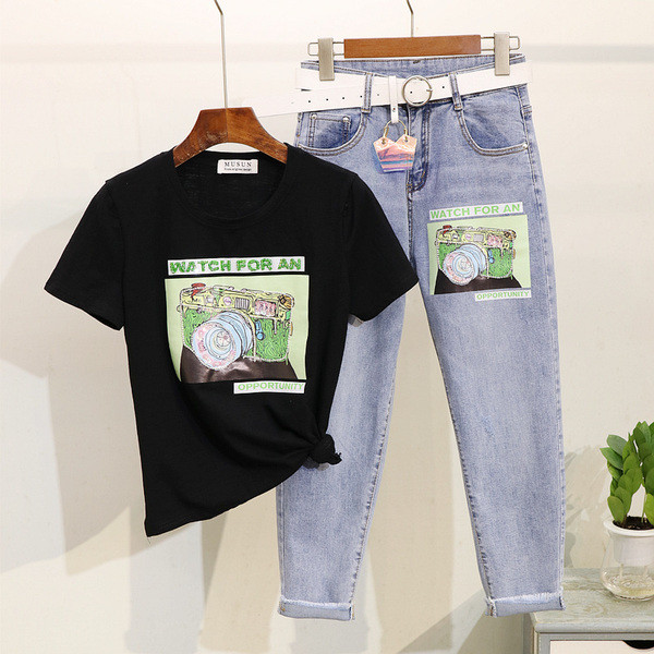 Alkalmi női szett - farmer és póló színes rátéttel