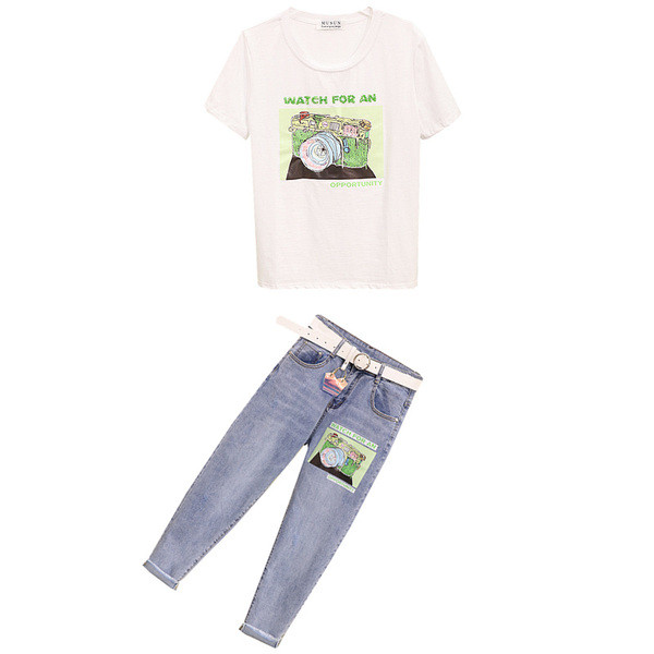 Alkalmi női szett - farmer és póló színes rátéttel