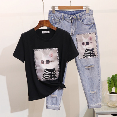 Modern női farmer és póló szett színes rátéttel