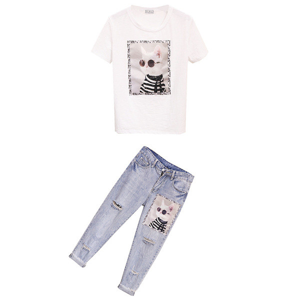 Modern női farmer és póló szett színes rátéttel