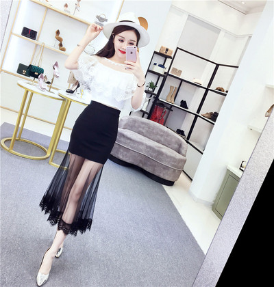 Stílusos női blúz szett csipkével és magas derekú szoknyával két színben