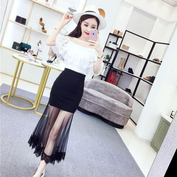 Stílusos női blúz szett csipkével és magas derekú szoknyával két színben