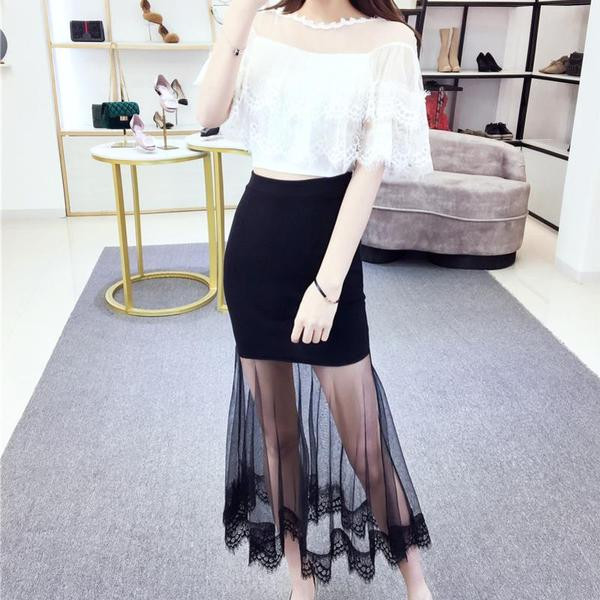 Stílusos női blúz szett csipkével és magas derekú szoknyával két színben