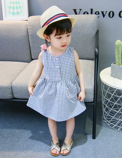 Μοντέρνο παιδικό φόρεμα σε μπλε χρώμα με κουμπιά και τσέπη