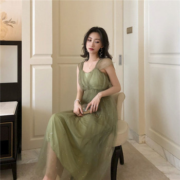 Elegáns női ruha tüll és fényes hatású zöld és szürke színben