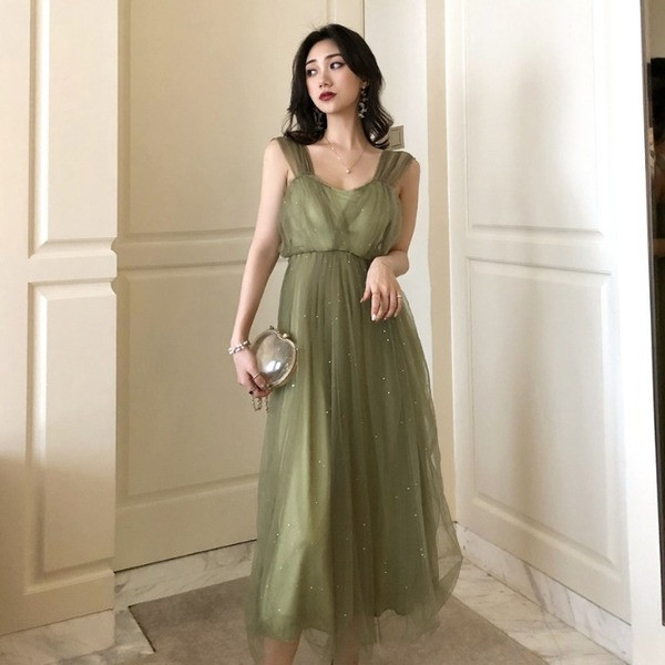 Elegáns női ruha tüll és fényes hatású zöld és szürke színben