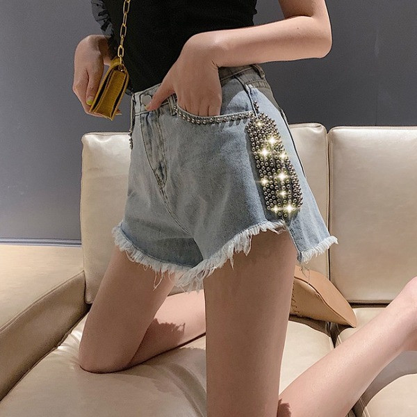 Модерни къси дънкови панталони с висока талия и перли 