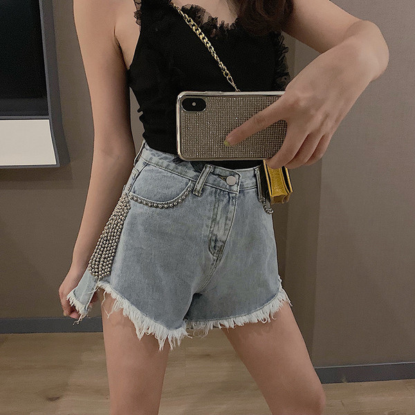 Модерни къси дънкови панталони с висока талия и перли 