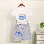 Set fusta casual dama cu talie inalta si tricou cu aplicatie