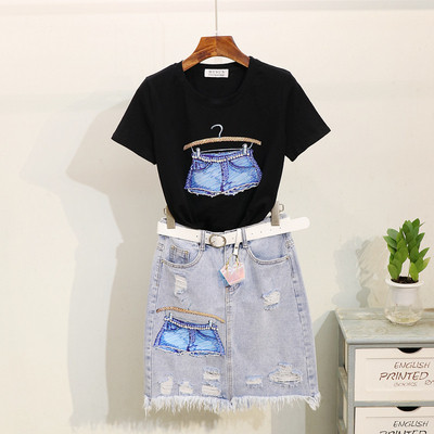 Set fusta casual dama cu talie inalta si tricou cu aplicatie