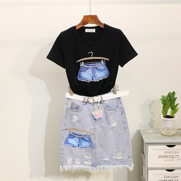 Set fusta casual dama cu talie inalta si tricou cu aplicatie