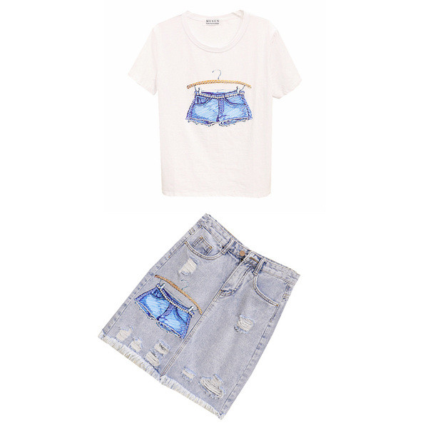 Set fusta casual dama cu talie inalta si tricou cu aplicatie