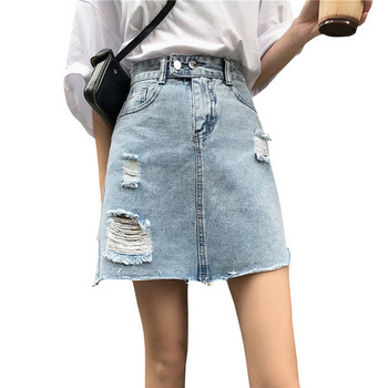 Aktuális női farmerszoknya magas derékkal, világos színben